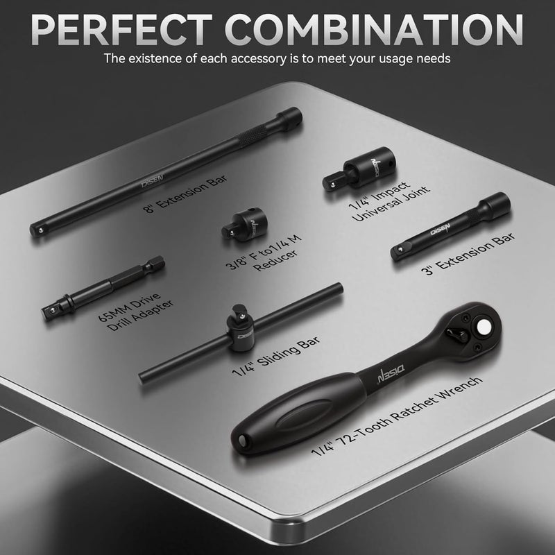 DISEN 57 PCS 1/4" Drive Impact Socket Set Shallow & Deep Socket Set SAE(5/32"-9/16") & Metric(4-15mm) with Universal Joint, Extension Bar, 3/8 to 1/4 Reducer, Ratchet Handle, Adapter - Image 4